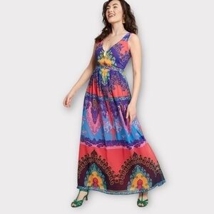 ModCloth Pink Purple & Blue Colorful Medallion Pattern Sleeveless Maxi Dress